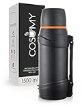Termo de Doble Pared con Taza de 1,5l - Antigoteo - Asa y Correa de Transporte - Para Bebidas Calientes y Frias - Negro
